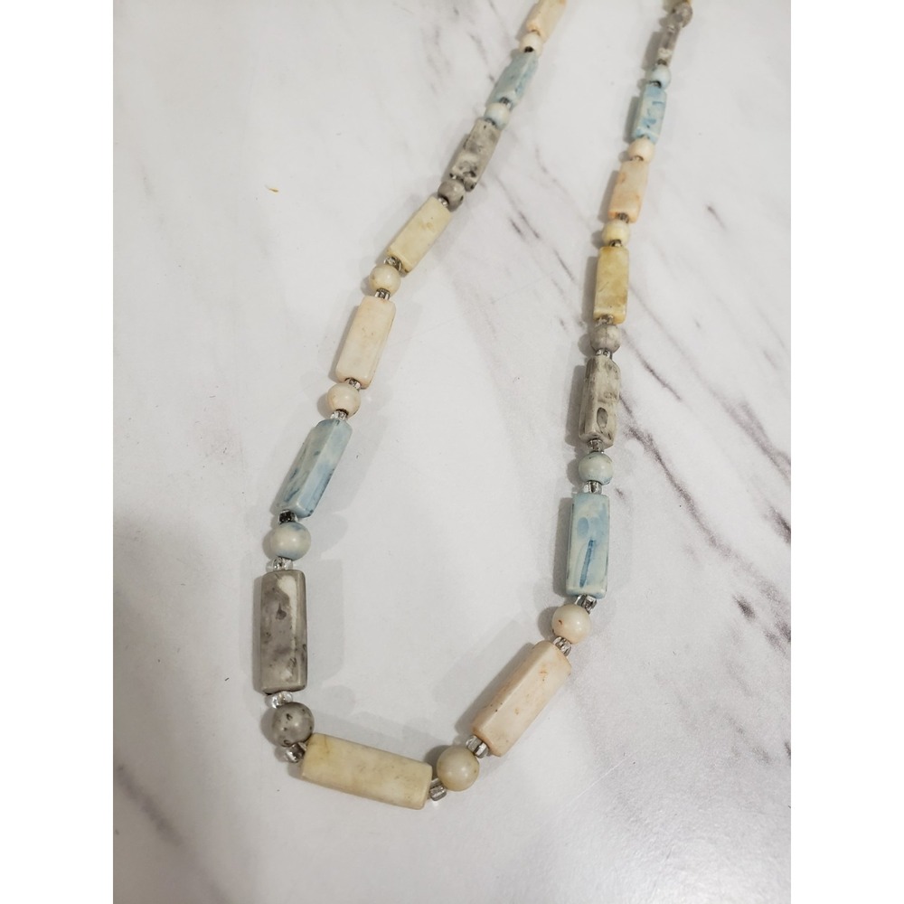 Vintage LONG Faux Stone Pastel Taupe Marble Bead Necklace Boho Tribal Grandma